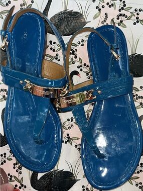 Coach Glossy Blue Patent Thong Sandals with Gold Hardware
